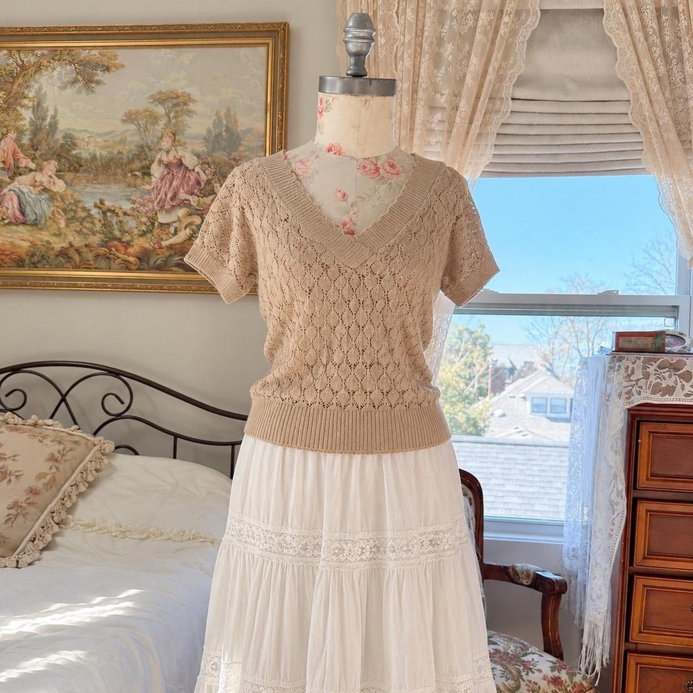 y2k cream sweater  v neck short sleeve knit sweater cute preppy piece